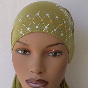 GREEN Pre-Tied Stud Chemo Cap Slip On Bonnet Hijab Undercap #2
